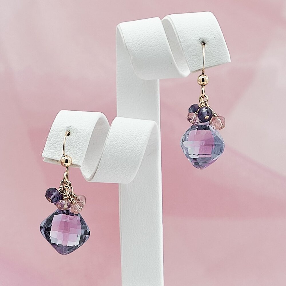 Amethyst &  Pink Topaz Cluster Earrings, 14K Gold